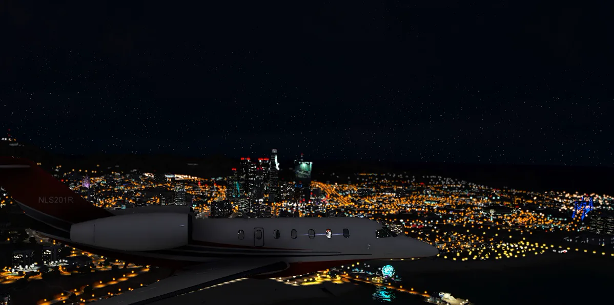 Private jet flying above the glowing LibertyRush city at night