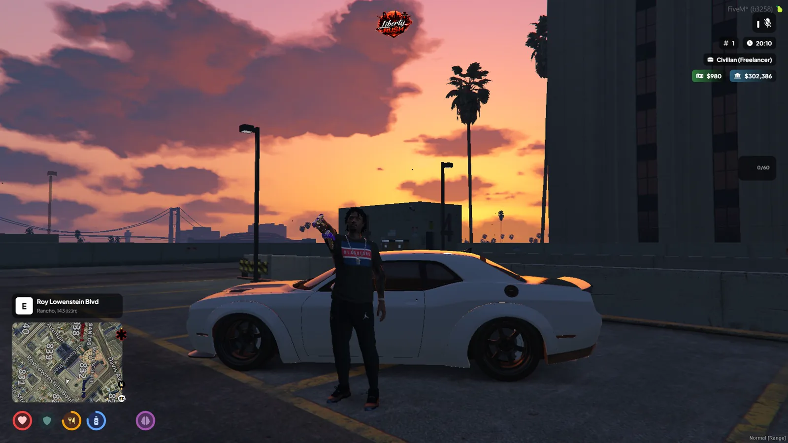 LibertyRush character and custom coupe beneath a dramatic sunset